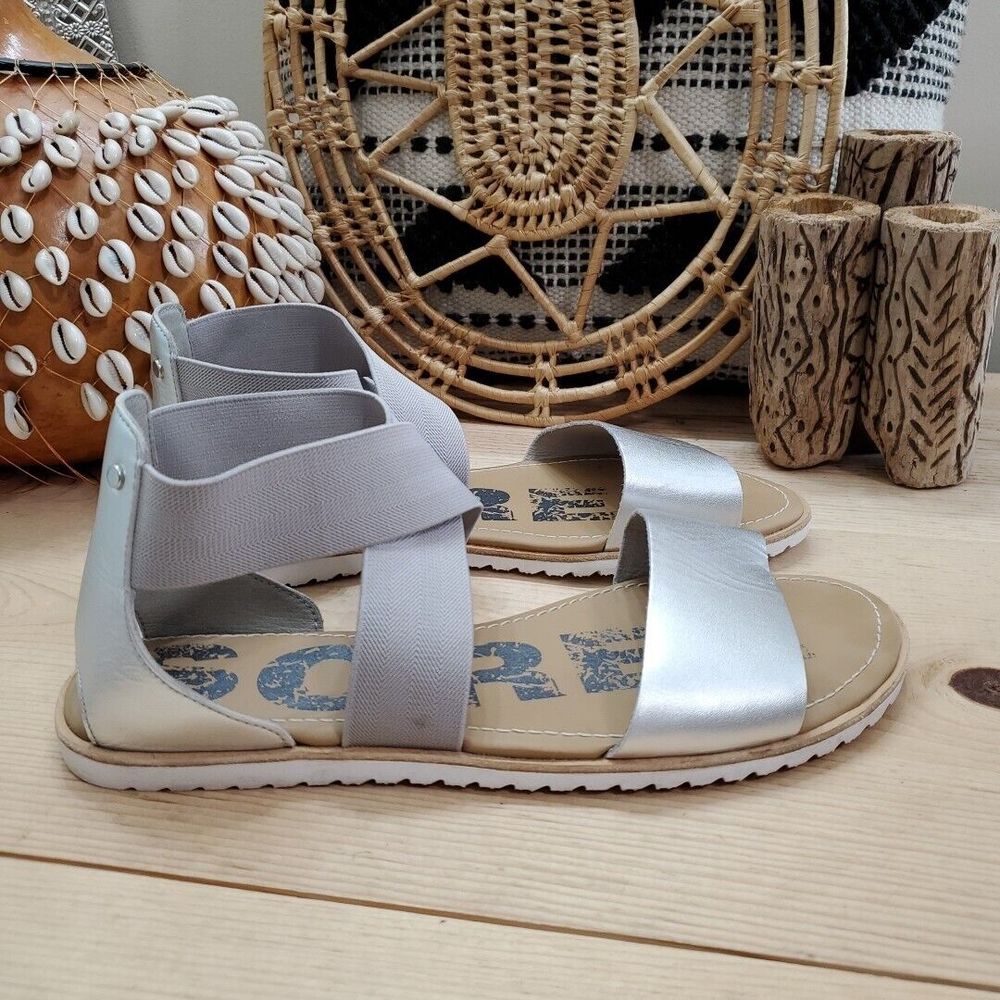 Sorel Ella II Sandals Leather Metallic Gray Elastic EVA Comfort Womens 10.5/41.5